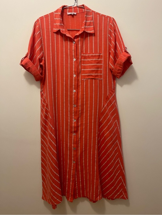 VANESSA ZANI Dresses & Skirts - Made in Italy Coral Stripe Button-Front Midi Shirt Dress